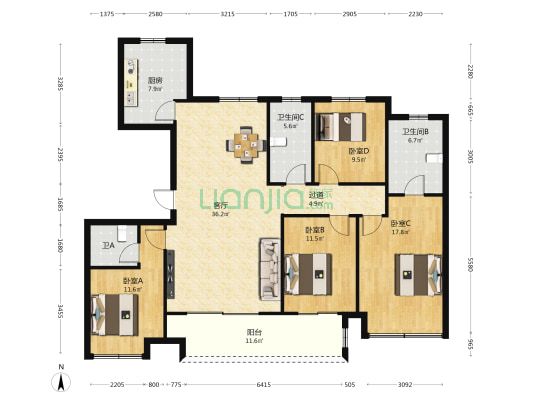 绿地城际空间站·御湖里 4室1厅3卫 155平方