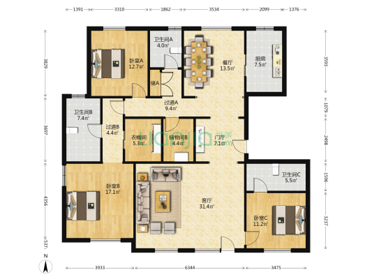宾西路5号 3室2厅3卫 149平方