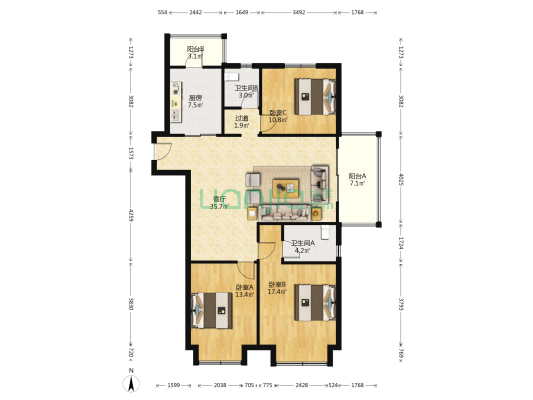 万科新世纪翡翠滨江K2 3室1厅2卫 141平方