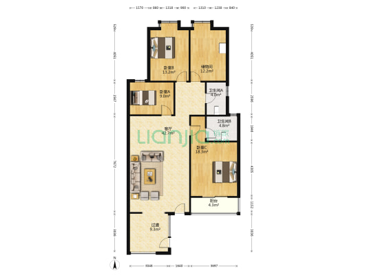海信南岭风情A区 3室1厅2卫 121平方