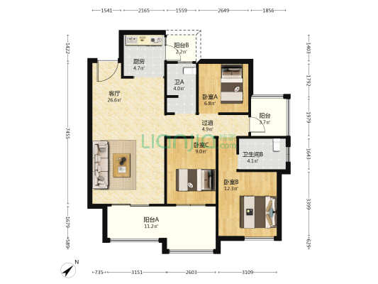 多彩澜庭 3室1厅2卫 108平方