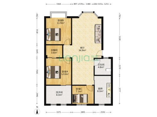 鼎虹蓝城 3室1厅2卫 109平方