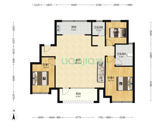 南北通透樾府国际三居室，出行便利-户型图