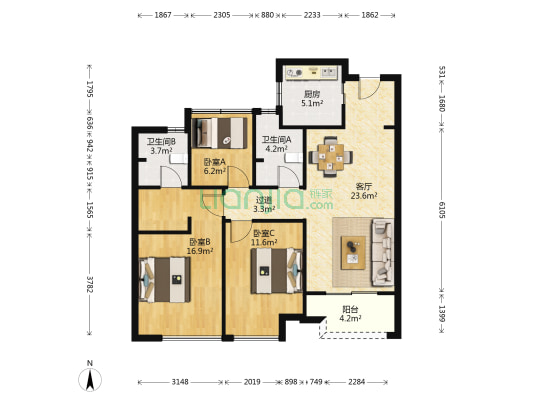 通惠江南名府 3室1厅2卫 89平方