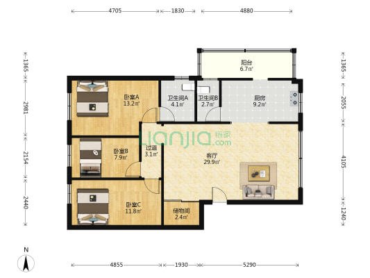 金榜豪苑 3室1厅2卫 103平方
