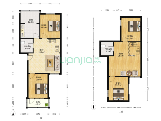 5+6两层，阁楼利用率很高，房子实用面积大，四室两厅-户型图