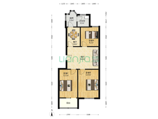 塔南小区 3室2厅1卫 80平方