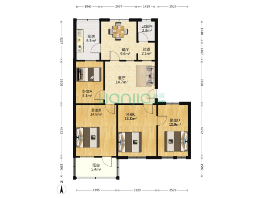 上新街90号 4室2厅1卫 110平方