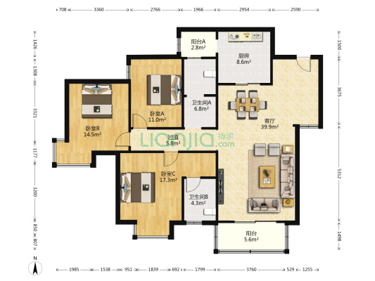 枫丹白露苑 3室1厅2卫 140平方