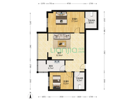 银邦大厦 2室1厅2卫 97平方
