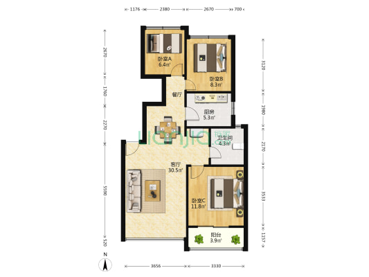 陆家嘴红醍半岛(公寓) 3室1厅1卫 95平方