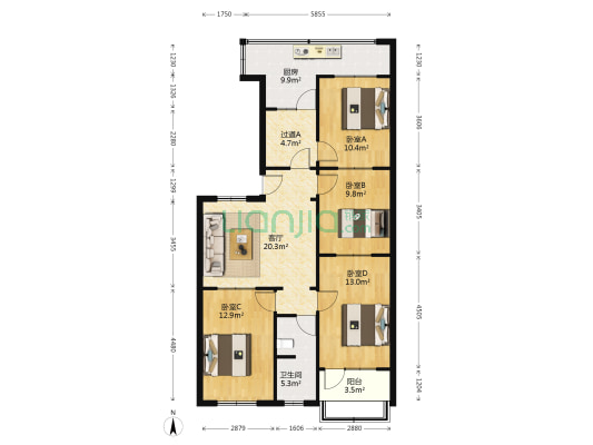 酒厂家属楼 4室1厅1卫 104平方