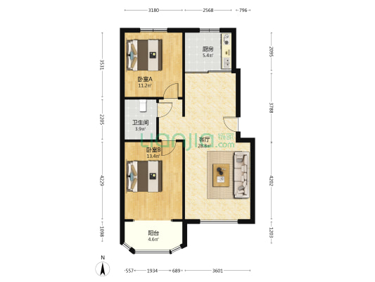 出售金品时代  南北通透两居 精装未住-户型图