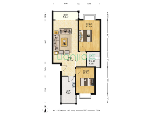 圣园山庄 2室1厅1卫 86平方