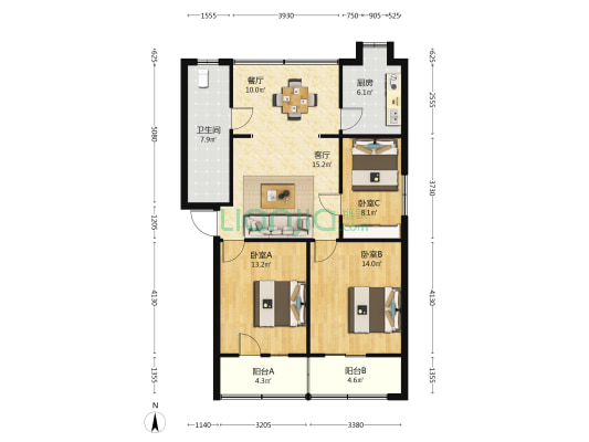 襄阳市粮校家属院 3室2厅1卫 98平方