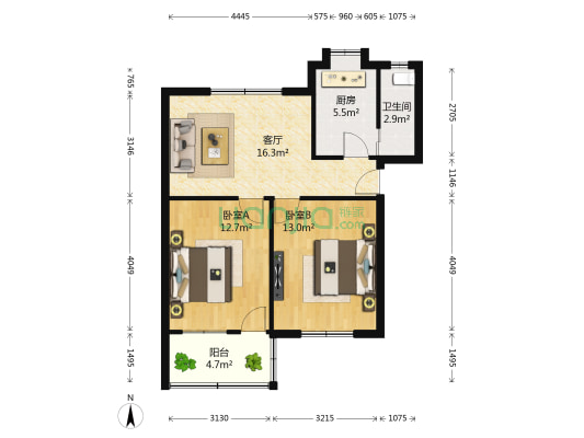 南京东路无线电学校宿舍 2室1厅1卫 74平方