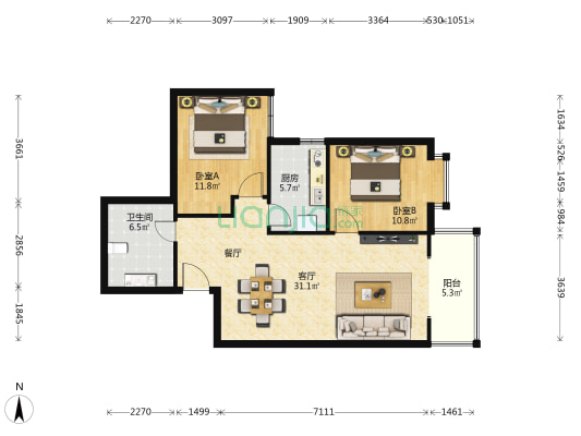 东城国际 2室1厅1卫 95平方