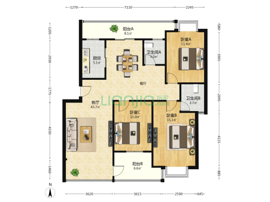枫林花苑 3室1厅2卫 109平方