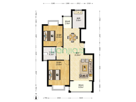 三青家苑 2室1厅1卫 96平方