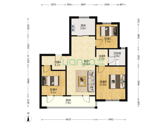 博观星海河海园 3室1厅1卫 108平方