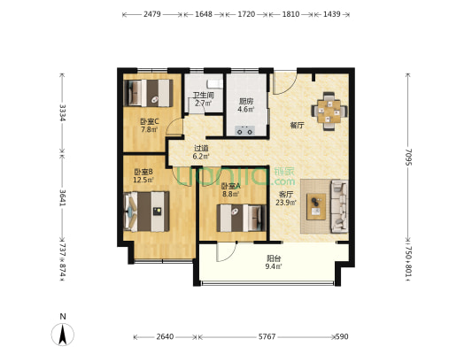 旭辉银盛泰正阳府一期 3室1厅1卫 104平方