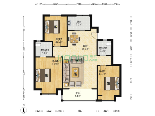 未来星城 3室1厅2卫 114平方