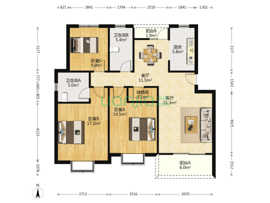 祥安竹苑 3室2厅2卫 119平方
