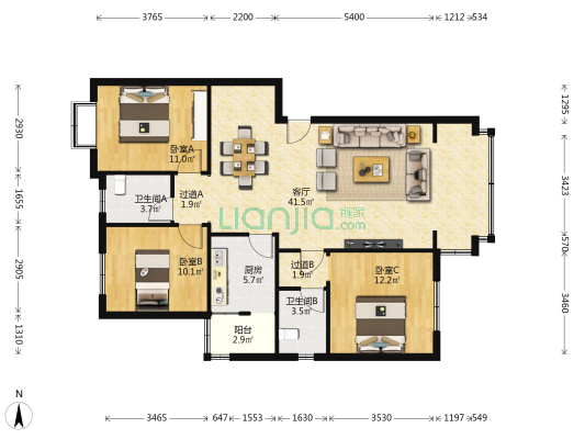 体育花园 3室1厅2卫 110平方