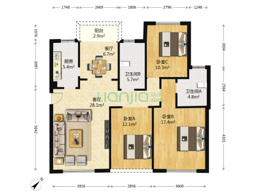 兰亭春晓 3室2厅2卫 90平方