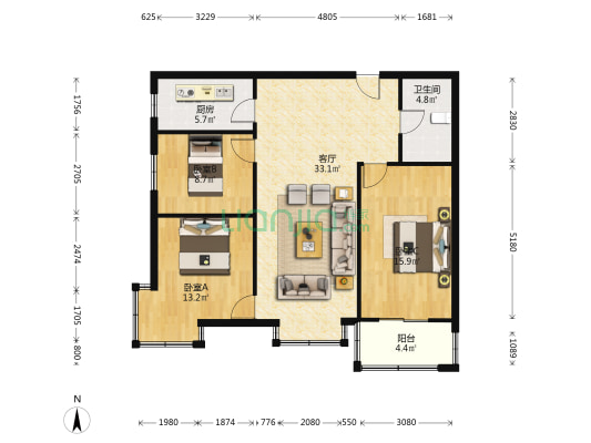 水岸花城 3室1厅 西南-户型图