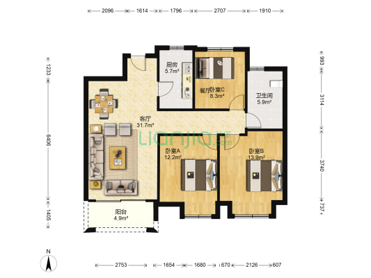 梅香雅舍 3室1厅1卫 110平方