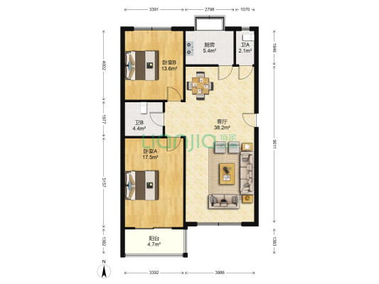 清沁园 2室1厅2卫 107平方