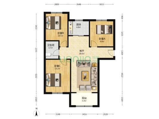 鹏渤印象城牛津花园 3室1厅 南 北-户型图