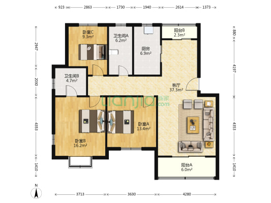 甫淞苑 3室1厅2卫 125平方