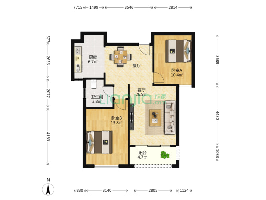 中航城市花园二期 2室1厅1卫 90平方
