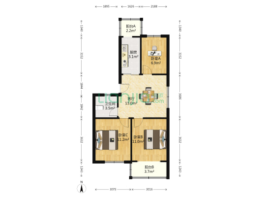 阜阳北路农贸市场 3室1厅1卫 73平方