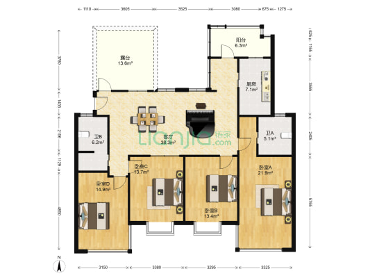 蓝天家园 4室1厅2卫 63平方