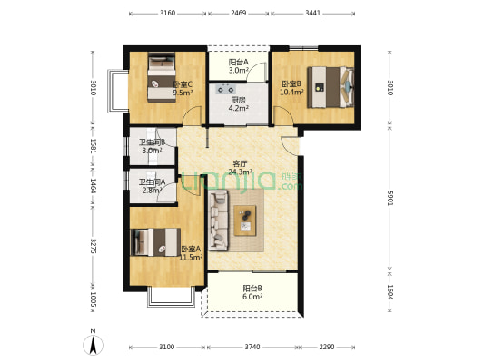 金岸大厦 3室1厅2卫 97平方