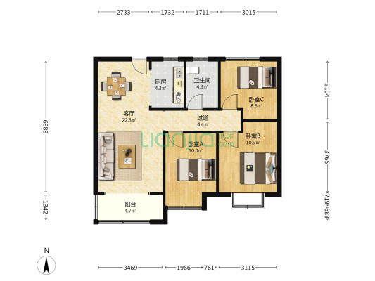 长清世茂广场云清府 3室1厅1卫 102平方
