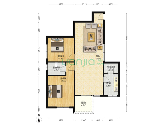 加力花园 2室1厅2卫 85平方