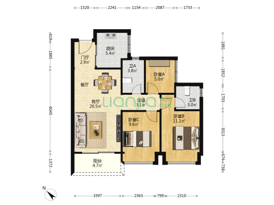 远洋北控天成 3室1厅2卫 86平方