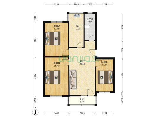75号大院 3室2厅1卫 89平方