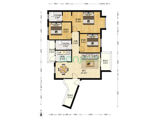 杏北新城二和三组团 3室1厅2卫 110平方