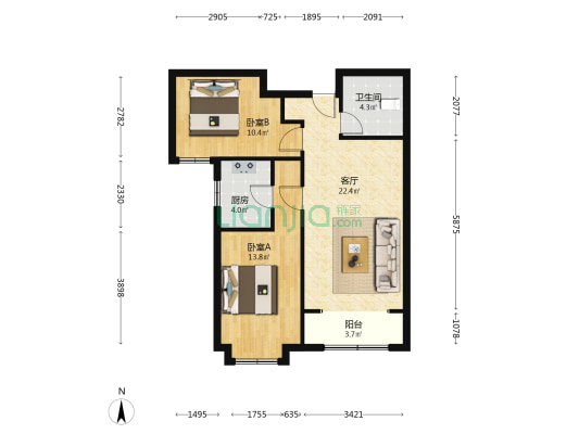 印象城，70年大产权，南向两居室，小区环境好-户型图
