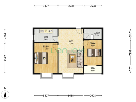 富力花园，眼镜户型两居室，全天采光，无遮挡-户型图