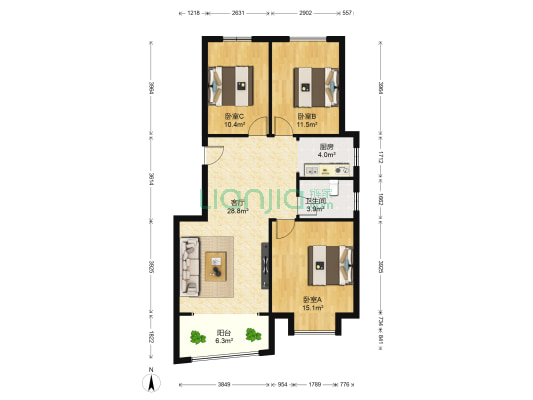 煌盛中央公园 3室1厅1卫 93平方