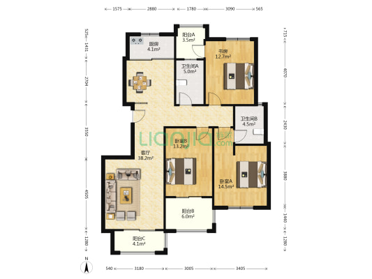 樱花雅苑北区 3室1厅2卫 131平方