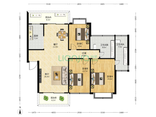 美都花园 3室2厅2卫 147平方