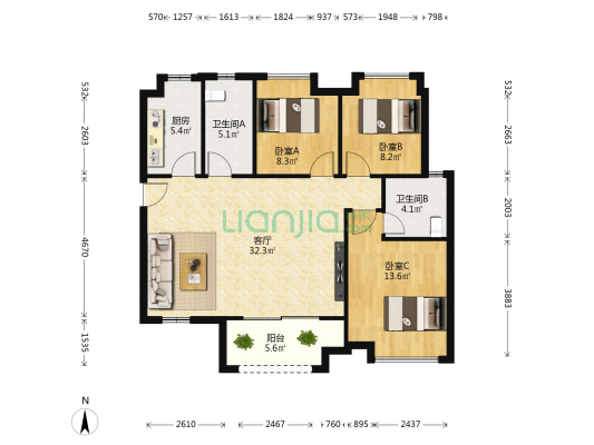 金地香山湖香景花园 3室1厅2卫 108平方