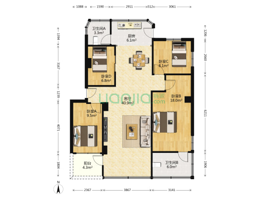 桂花市场 4室1厅2卫 120平方